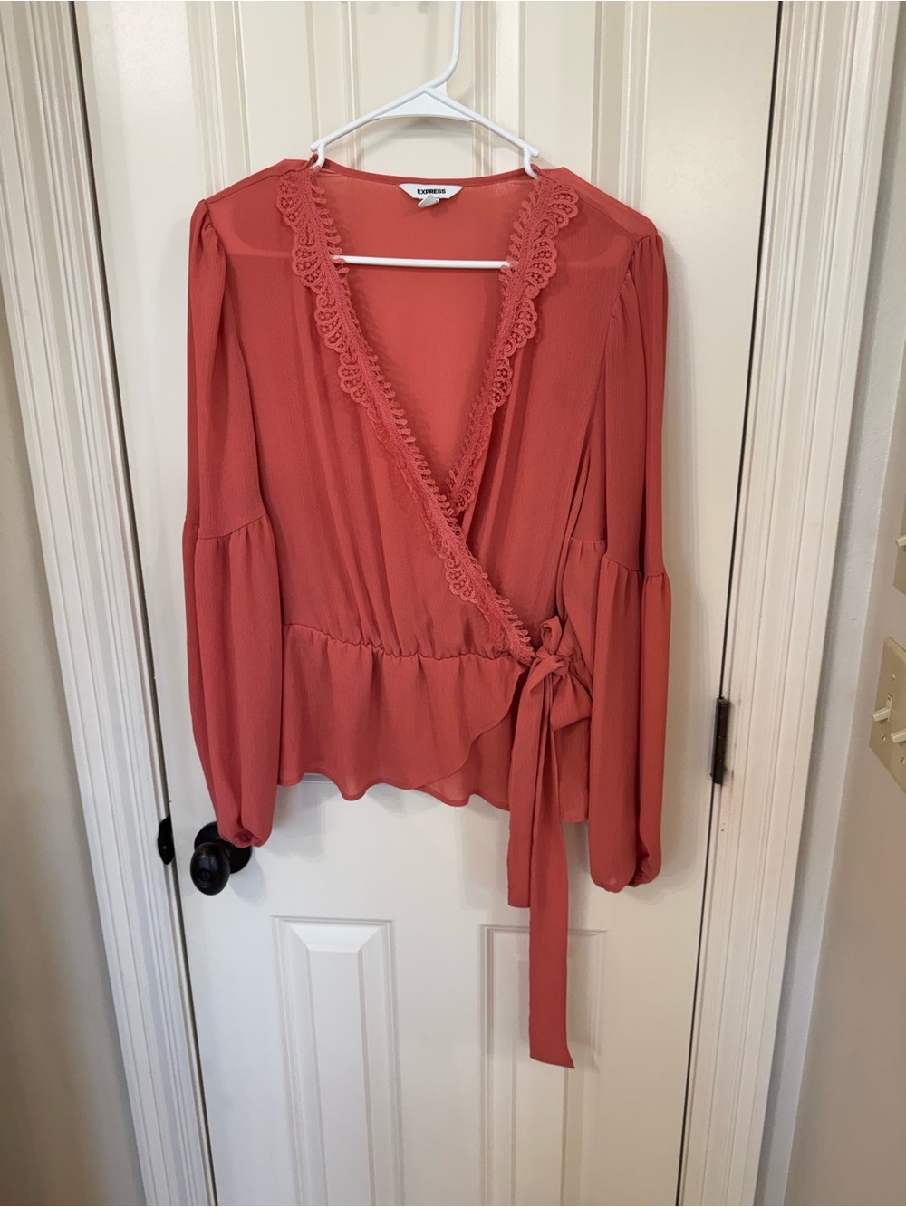 Express Coral Lace-Trim Wrap Top with Tie Waist